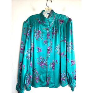 Joan Collins Women Teal Green Floral Print 100% Silk Button Down Blouse size 8/M